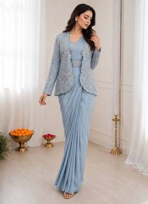 Dusty ice blue heavy crepe silk blend ready to wear saree with embroidered koti & belt 2