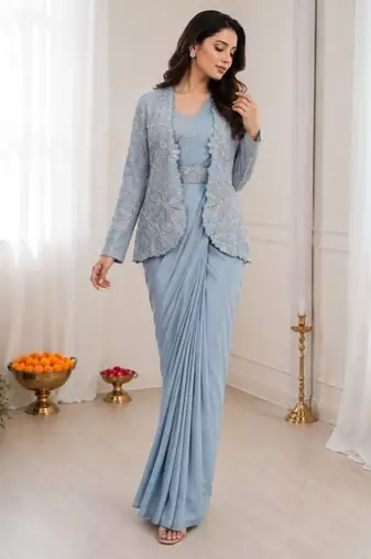 Dusty ice blue heavy crepe silk blend ready to wear saree with embroidered koti & belt