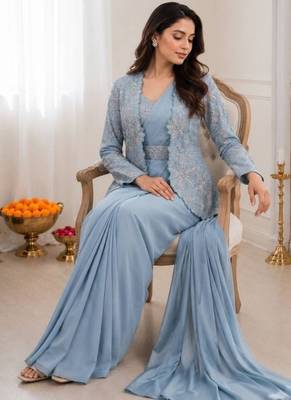 Dusty ice blue heavy crepe silk blend ready to wear saree with embroidered koti & belt 3