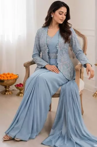 Dusty ice blue heavy crepe silk blend ready to wear saree with embroidered koti & belt