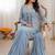 Dusty ice blue heavy crepe silk blend ready to wear saree with embroidered koti & belt