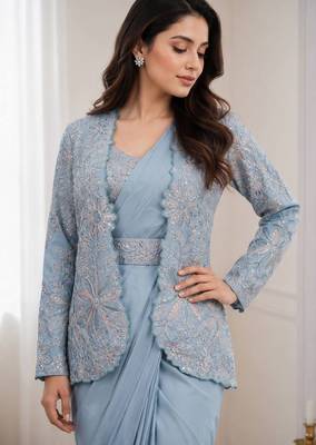Dusty ice blue heavy crepe silk blend ready to wear saree with embroidered koti & belt 4