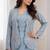 Dusty ice blue heavy crepe silk blend ready to wear saree with embroidered koti & belt