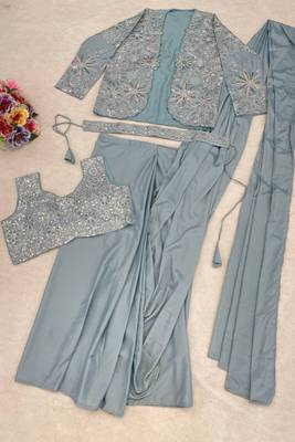 Dusty ice blue heavy crepe silk blend ready to wear saree with embroidered koti & belt 5