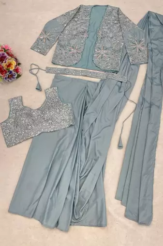 Dusty ice blue heavy crepe silk blend ready to wear saree with embroidered koti & belt