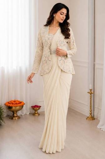 Off white heavy crepe silk blend ready to wear saree with embroidered koti & belt