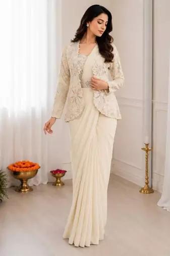 Off white heavy crepe silk blend ready to wear saree with embroidered koti & belt