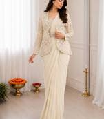Off white heavy crepe silk blend ready to wear saree with embroidered koti & belt