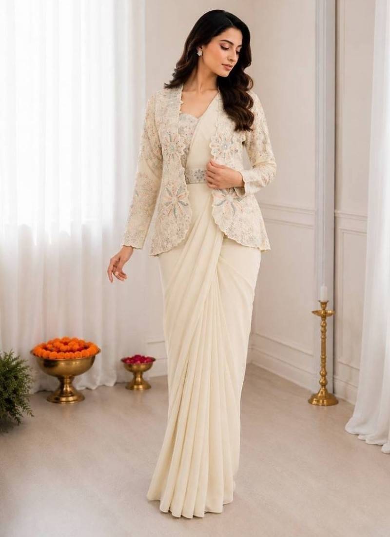 Off white heavy crepe silk blend ready to wear saree with embroidered koti & belt