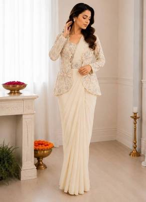 Off white heavy crepe silk blend ready to wear saree with embroidered koti & belt 2