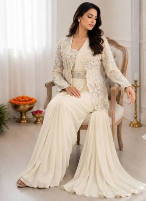 Off white heavy crepe silk blend ready to wear saree with embroidered koti & belt 3