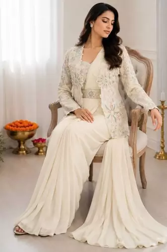 Off white heavy crepe silk blend ready to wear saree with embroidered koti & belt