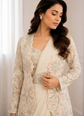 Off white heavy crepe silk blend ready to wear saree with embroidered koti & belt 4