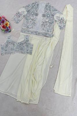 Off white heavy crepe silk blend ready to wear saree with embroidered koti & belt 5