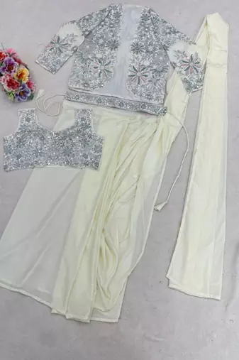 Off white heavy crepe silk blend ready to wear saree with embroidered koti & belt