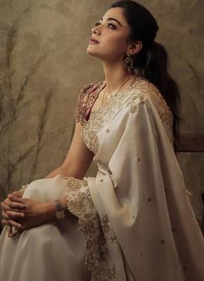 Rashmika style cream rangoli silk blend saree with sequins embroidery 3