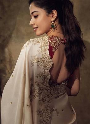 Rashmika style cream rangoli silk blend saree with sequins embroidery 4