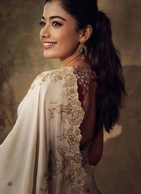 Rashmika style cream rangoli silk blend saree with sequins embroidery 5