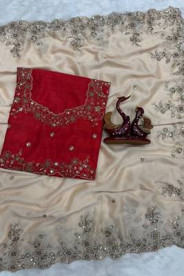 Rashmika style cream rangoli silk blend saree with sequins embroidery 1