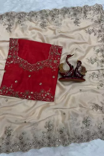 Rashmika style cream rangoli silk blend saree with sequins embroidery