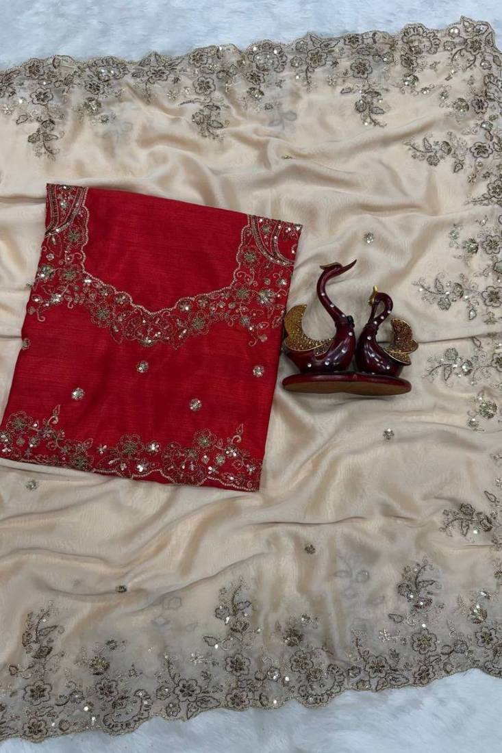 Rashmika style cream rangoli silk blend saree with sequins embroidery