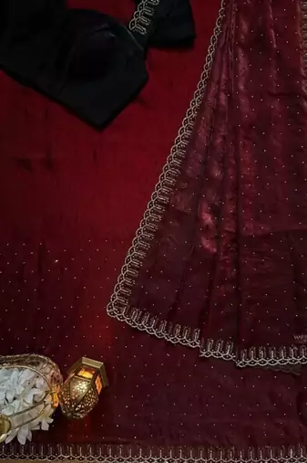 Maroon fendy chiffon saree with zarkan hand work & space silk blend blouse