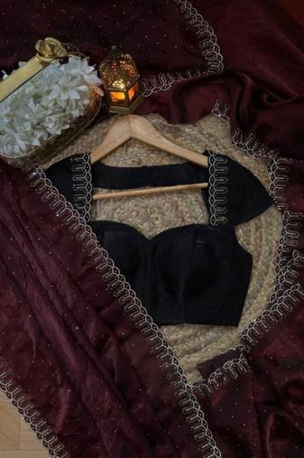 Maroon fendy chiffon saree with zarkan hand work & space silk blend blouse