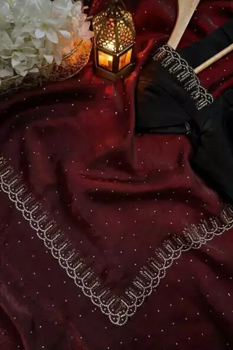Maroon fendy chiffon saree with zarkan hand work & space silk blend blouse