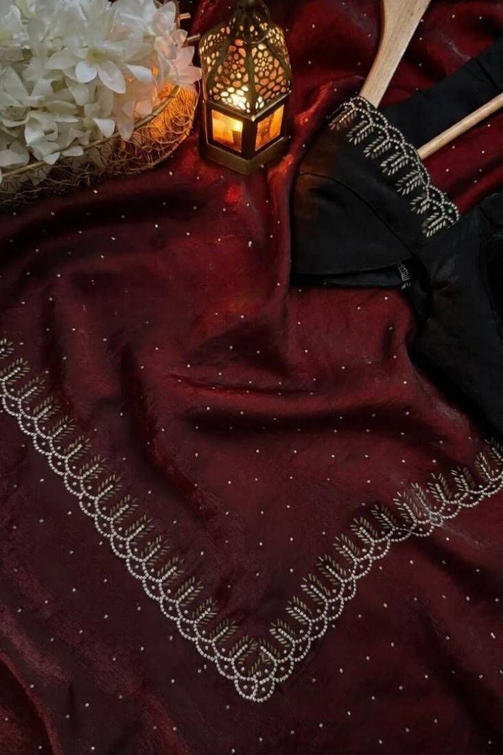 Maroon fendy chiffon saree with zarkan hand work & space silk blend blouse