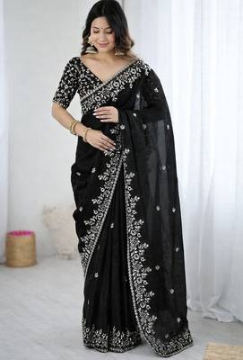 Black fendy chiffon padding saree with 3mm sequins embroidery 1