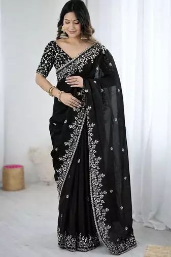 Black fendy chiffon padding saree with 3mm sequins embroidery