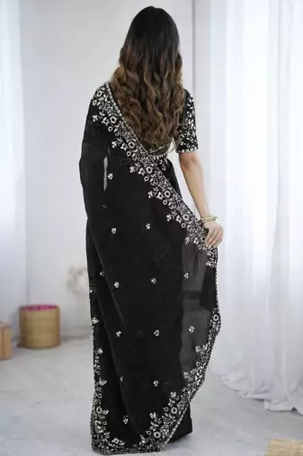 Black fendy chiffon padding saree with 3mm sequins embroidery