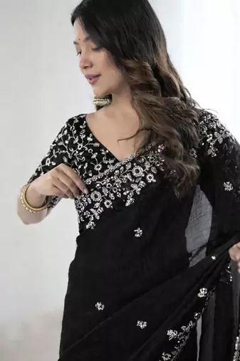 Black fendy chiffon padding saree with 3mm sequins embroidery
