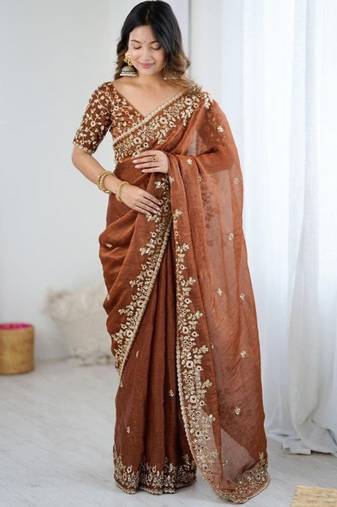 Rust brown fendy chiffon padding saree with 3mm sequins embroidery