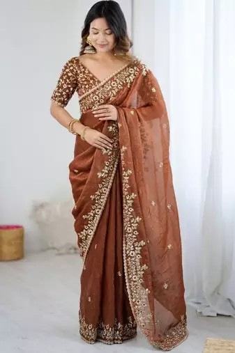 Rust brown fendy chiffon padding saree with 3mm sequins embroidery