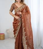 Rust brown fendy chiffon padding saree with 3mm sequins embroidery