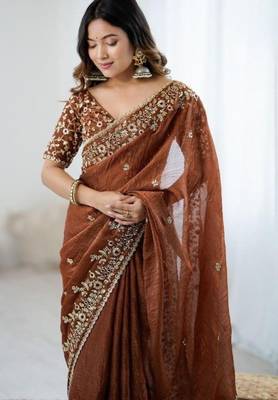 Rust brown fendy chiffon padding saree with 3mm sequins embroidery 2