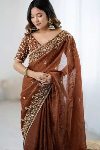 Rust brown fendy chiffon padding saree with 3mm sequins embroidery