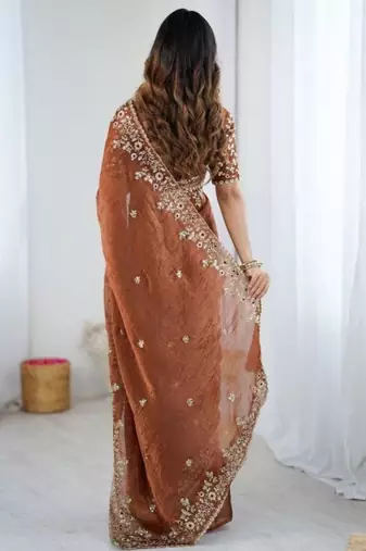 Rust brown fendy chiffon padding saree with 3mm sequins embroidery