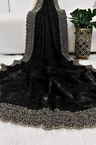 Black fendy chiffon saree with artisan hand work & swarovski blouse