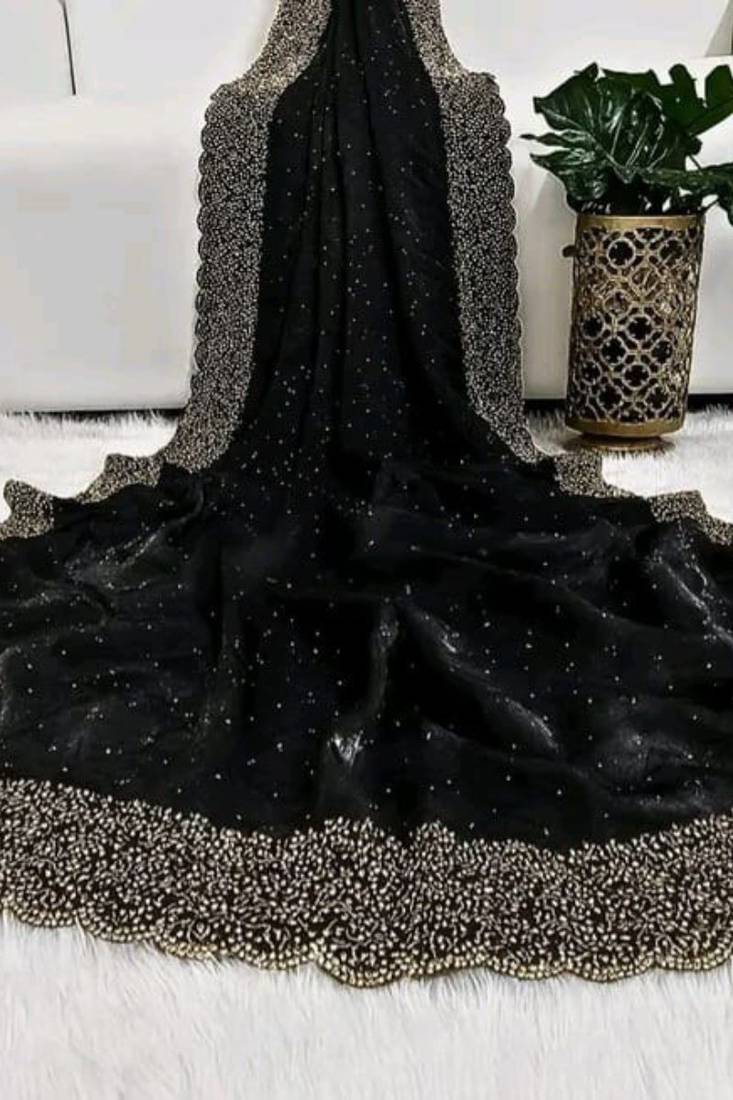 Black fendy chiffon saree with artisan hand work & swarovski blouse
