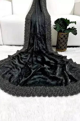 Black fendy chiffon saree with artisan hand work & swarovski blouse