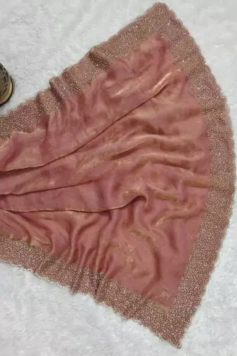 Dusty peach pink fendy chiffon saree with artisan hand work & swarovski blouse