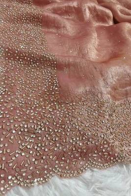 Dusty peach pink fendy chiffon saree with artisan hand work & swarovski blouse 3