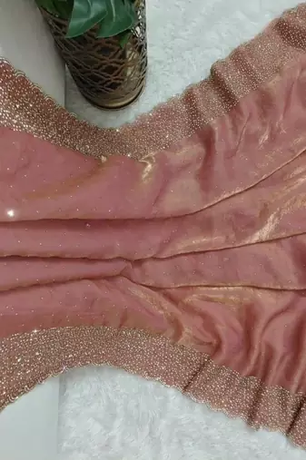 Dusty peach pink fendy chiffon saree with artisan hand work & swarovski blouse