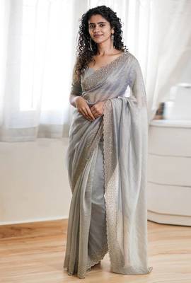 Grey fendy chiffon saree with artisan hand work & swarovski blouse 1