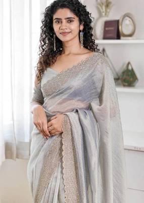 Grey fendy chiffon saree with artisan hand work & swarovski blouse 3