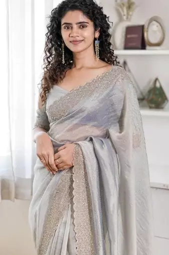 Grey fendy chiffon saree with artisan hand work & swarovski blouse