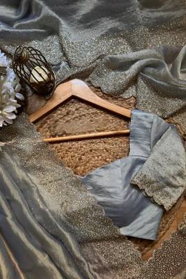 Grey fendy chiffon saree with artisan hand work & swarovski blouse 5