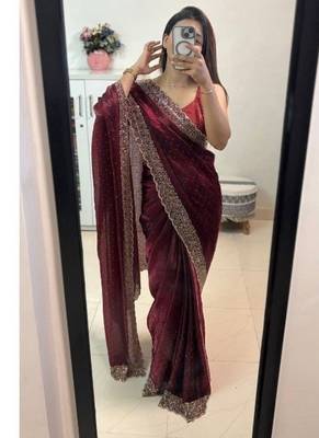 Maroon fendy chiffon saree with artisan hand work & swarovski blouse 1
